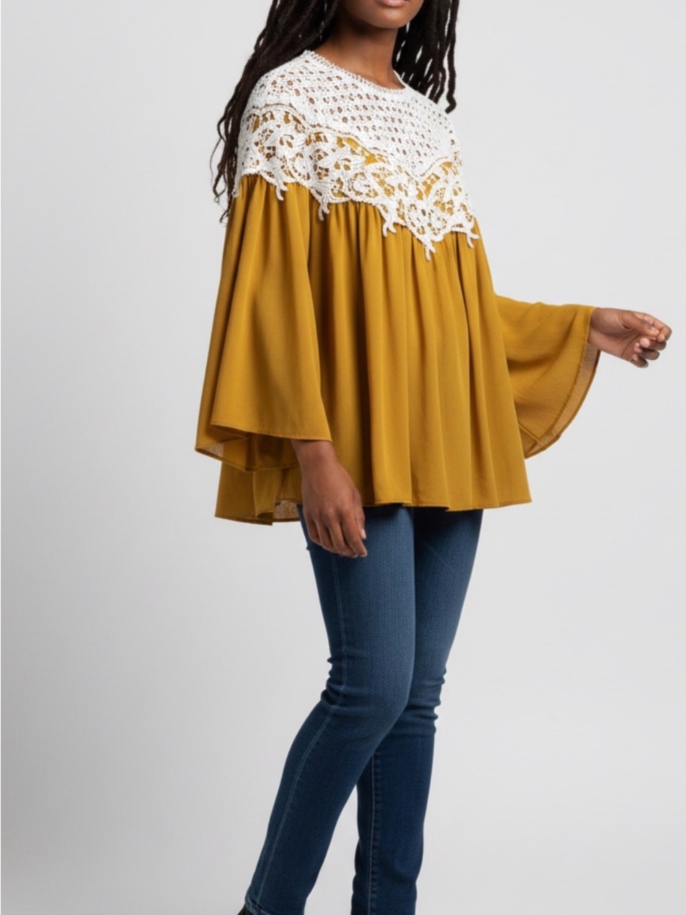 Vici Crochet Yoke Bell Sleeve Top